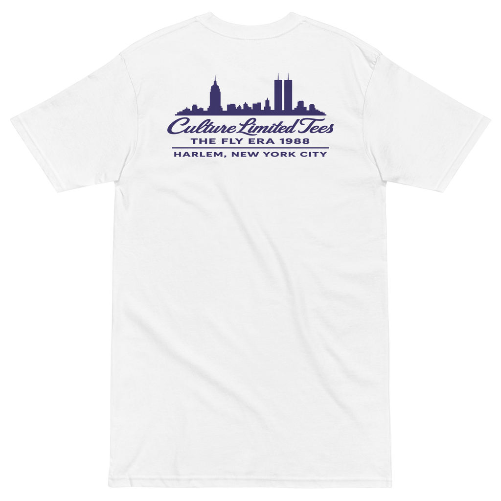 White heavyweight t-shirt featuring a black graphic of the 1988 New York City skyline with the Twin Towers and Empire State Building.