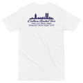 White heavyweight t-shirt featuring a black graphic of the 1988 New York City skyline with the Twin Towers and Empire State Building.