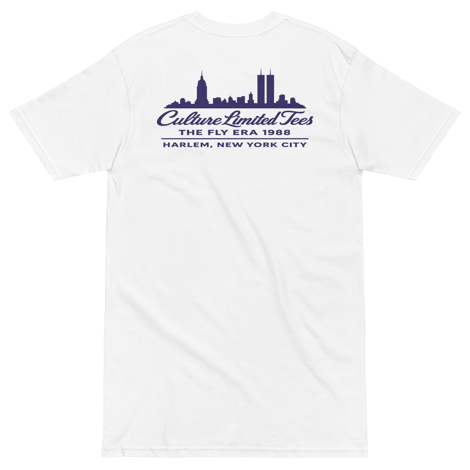 White heavyweight t-shirt featuring a black graphic of the 1988 New York City skyline with the Twin Towers and Empire State Building.