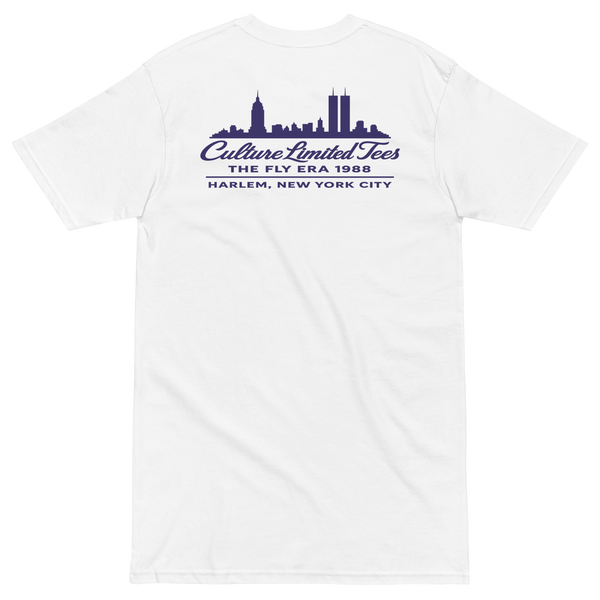 White heavyweight t-shirt featuring a black graphic of the 1988 New York City skyline with the Twin Towers and Empire State Building.