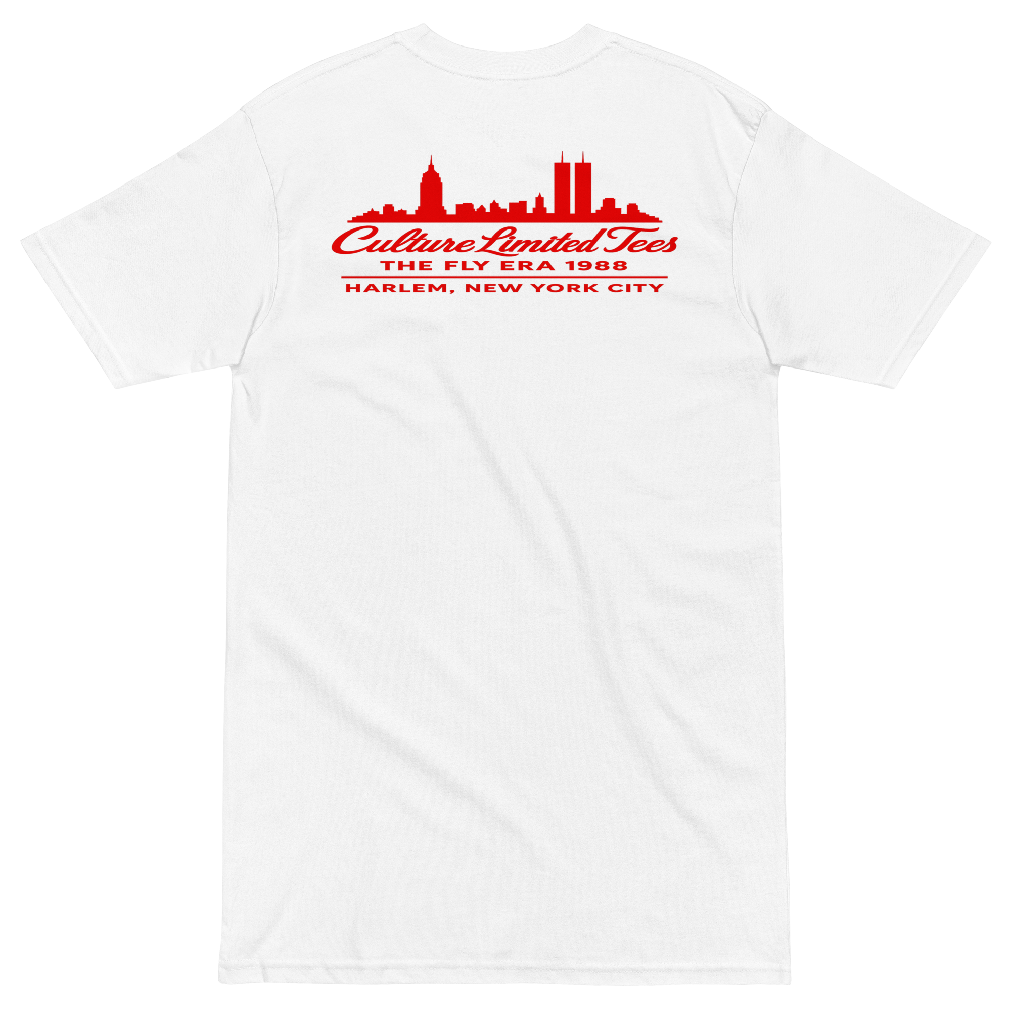 White heavyweight t-shirt featuring a red graphic of the 1988 New York City skyline with the Twin Towers and Empire State Building.