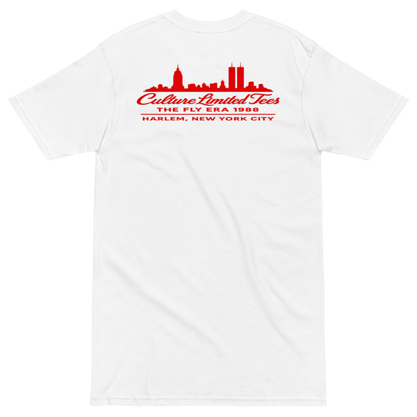 White heavyweight t-shirt featuring a red graphic of the 1988 New York City skyline with the Twin Towers and Empire State Building.
