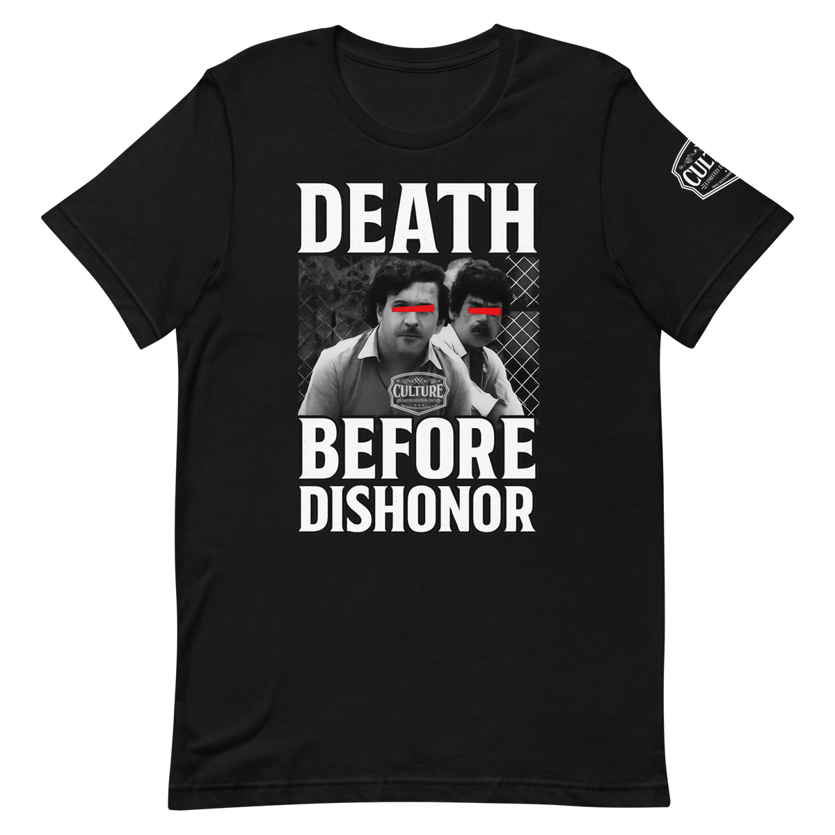 Black t-shirt with graphic design and text 'DEATH BEFORE DISHONOR' on a white background