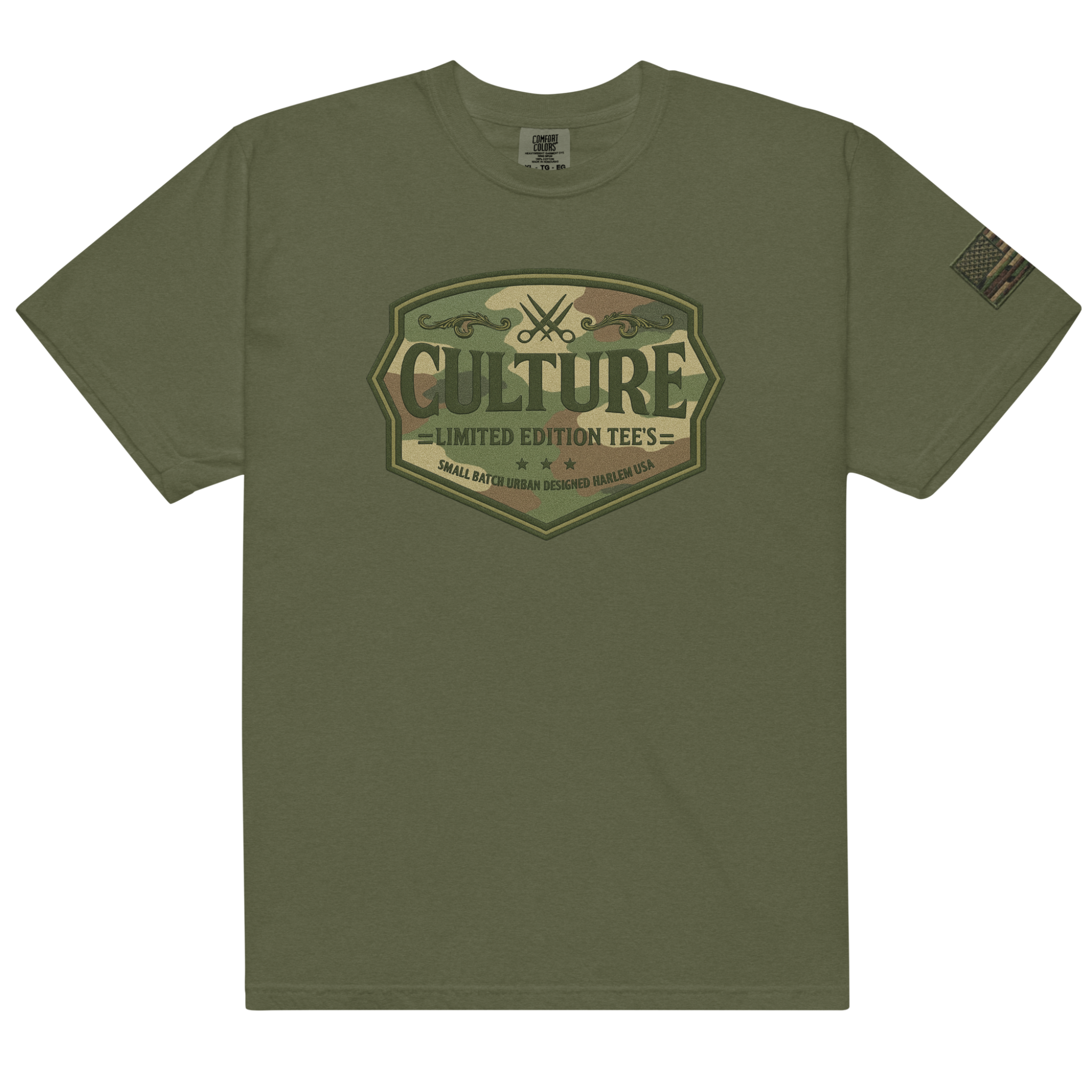 Green t-shirt with 'Culture' graphic design on a white background