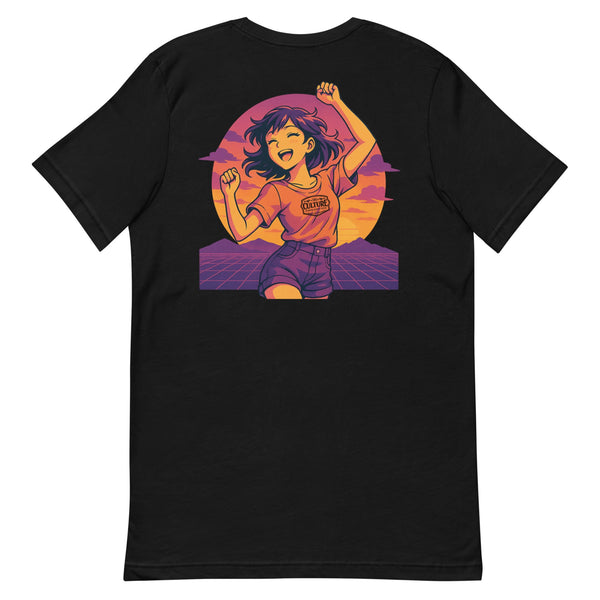 Black t-shirt with a graphic of a person in a pink shirt and shorts against a purple and orange background.